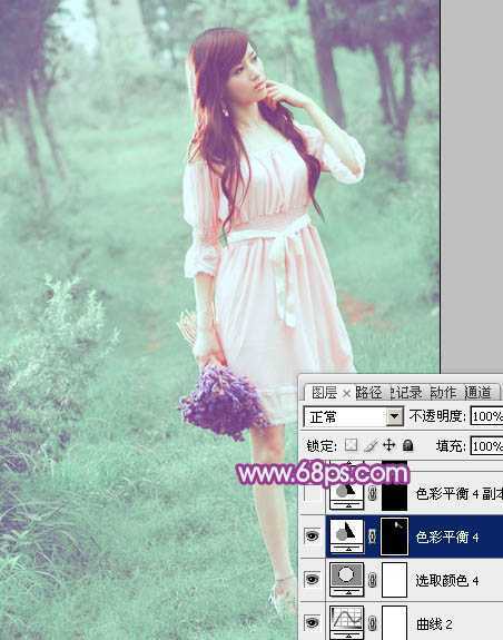 ‘Photoshop将树林美女图片调制出柔美的淡调青绿色‘