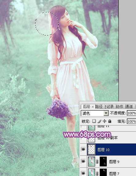 ‘Photoshop将树林美女图片调制出柔美的淡调青绿色‘