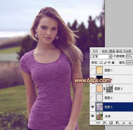 ‘Photoshop将外景人物图片调成柔美的黄紫色‘