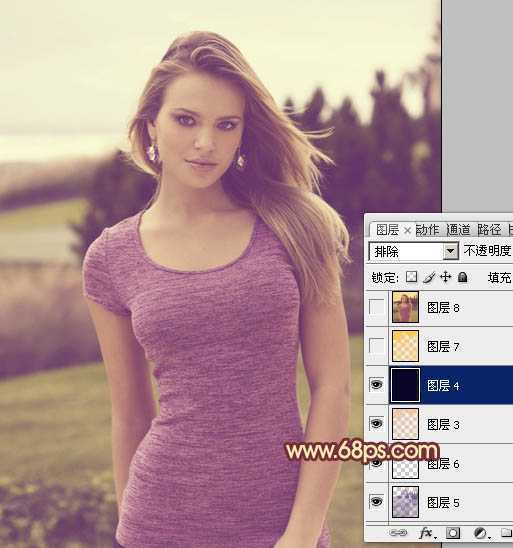 ‘Photoshop将外景人物图片调成柔美的黄紫色‘