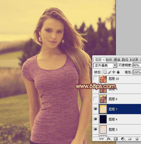 ‘Photoshop将外景人物图片调成柔美的黄紫色‘