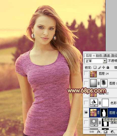 ‘Photoshop将外景人物图片调成柔美的黄紫色‘