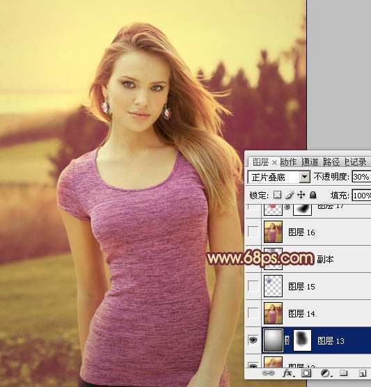 ‘Photoshop将外景人物图片调成柔美的黄紫色‘