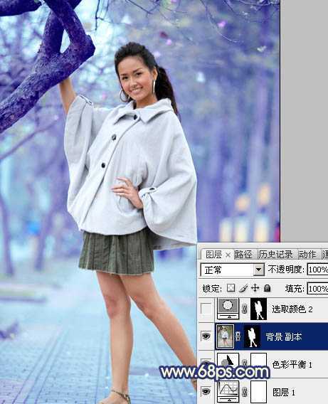 ‘Photoshop将外景人物图片调制出时尚的淡调蓝紫色效果‘