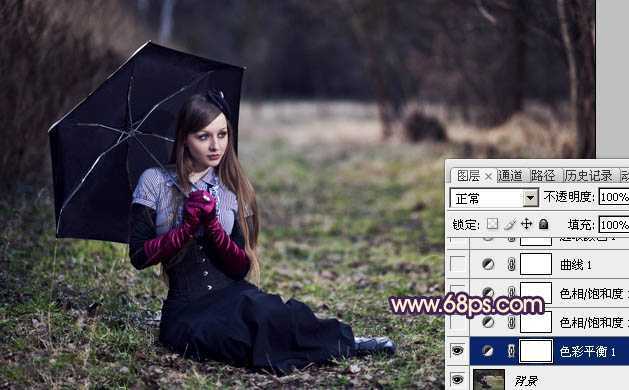 ‘Photoshop为树林草地上的美女加上唯美晨曦色‘