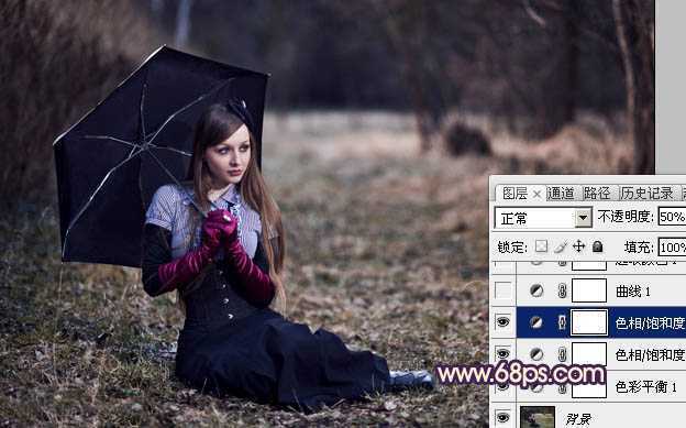 ‘Photoshop为树林草地上的美女加上唯美晨曦色‘