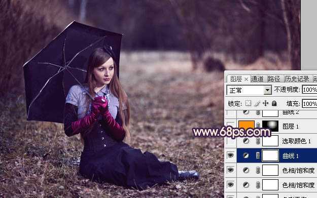 ‘Photoshop为树林草地上的美女加上唯美晨曦色‘