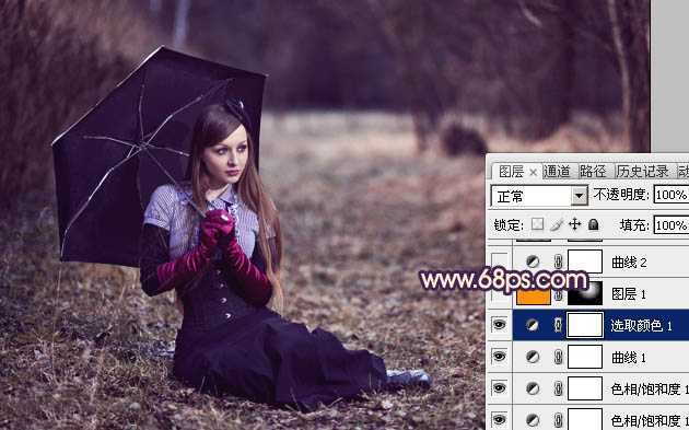 ‘Photoshop为树林草地上的美女加上唯美晨曦色‘