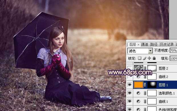 ‘Photoshop为树林草地上的美女加上唯美晨曦色‘