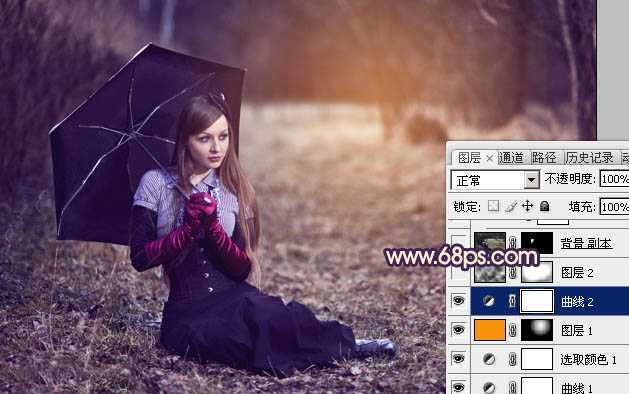 ‘Photoshop为树林草地上的美女加上唯美晨曦色‘
