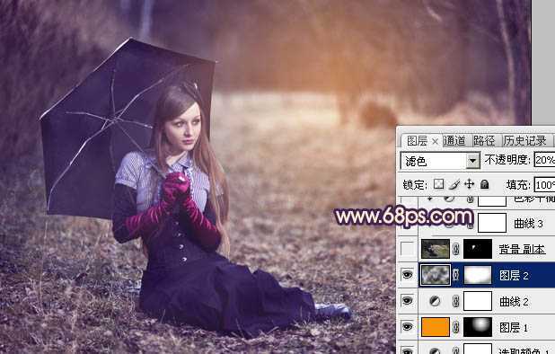 ‘Photoshop为树林草地上的美女加上唯美晨曦色‘
