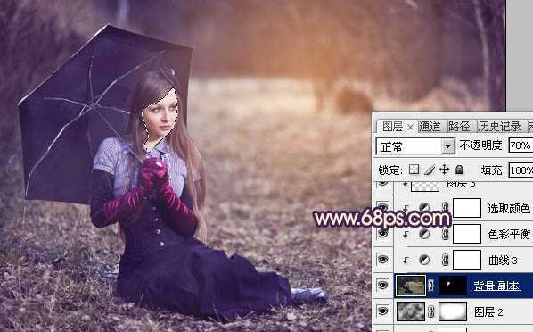 ‘Photoshop为树林草地上的美女加上唯美晨曦色‘