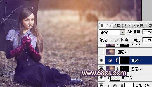 ‘Photoshop为树林草地上的美女加上唯美晨曦色‘