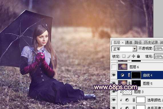 ‘Photoshop为树林草地上的美女加上唯美晨曦色‘