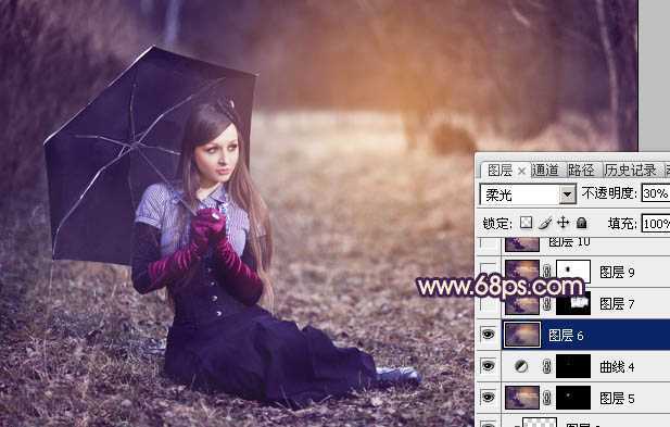 ‘Photoshop为树林草地上的美女加上唯美晨曦色‘