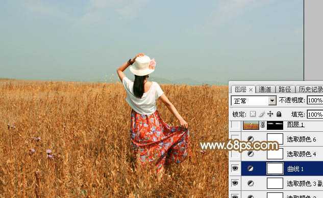 ‘Photoshop给田野中的美女调制出流行的秋季青红色‘