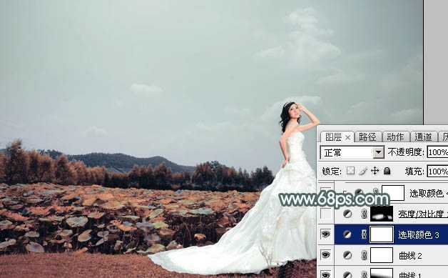 ‘Photoshop为荷塘边的美女加上古典青色调‘