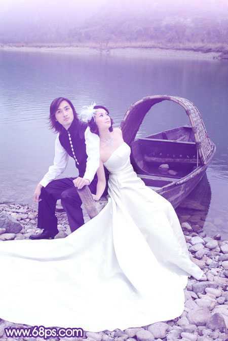 ‘Photoshop将江景婚片调成纯美的蓝紫色‘