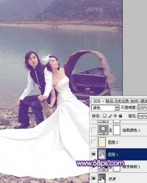 ‘Photoshop将江景婚片调成纯美的蓝紫色‘