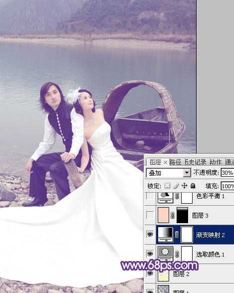 ‘Photoshop将江景婚片调成纯美的蓝紫色‘