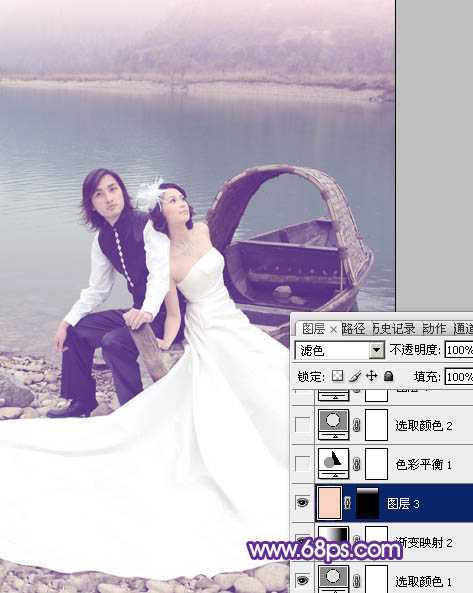 ‘Photoshop将江景婚片调成纯美的蓝紫色‘