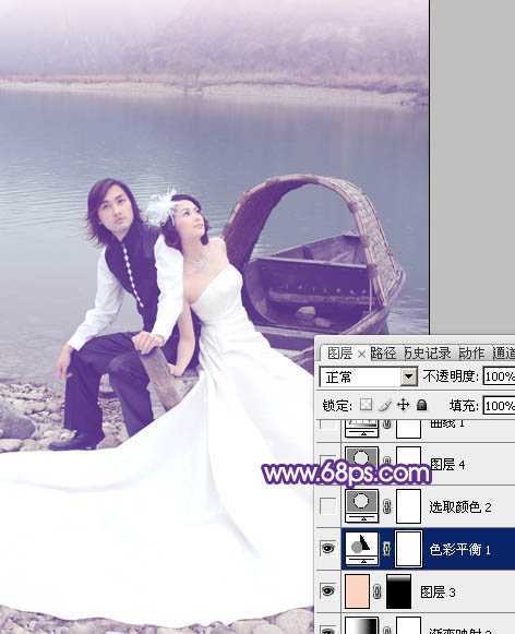 ‘Photoshop将江景婚片调成纯美的蓝紫色‘