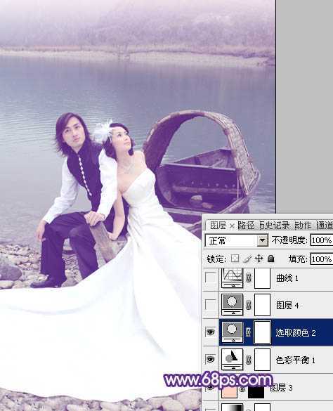‘Photoshop将江景婚片调成纯美的蓝紫色‘