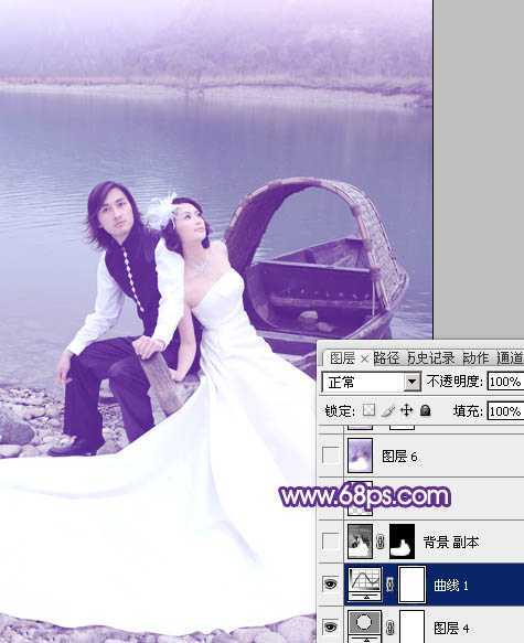 ‘Photoshop将江景婚片调成纯美的蓝紫色‘
