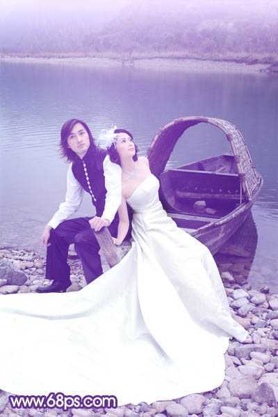 ‘Photoshop将江景婚片调成纯美的蓝紫色‘