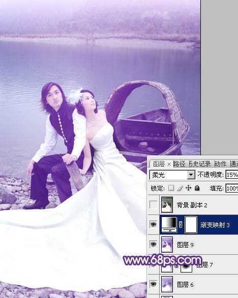 ‘Photoshop将江景婚片调成纯美的蓝紫色‘