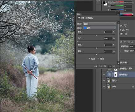 ‘Photoshop调出外景梅花人像中国风冷色效果‘
