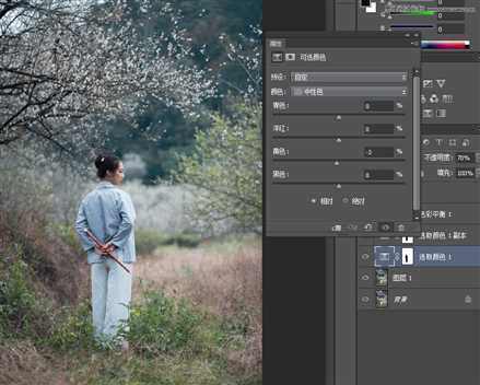‘Photoshop调出外景梅花人像中国风冷色效果‘