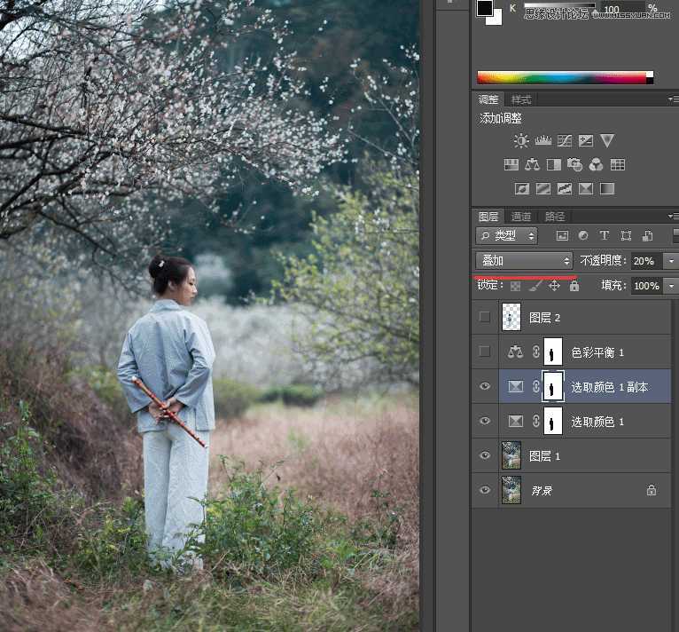 ‘Photoshop调出外景梅花人像中国风冷色效果‘