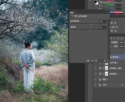 ‘Photoshop调出外景梅花人像中国风冷色效果‘