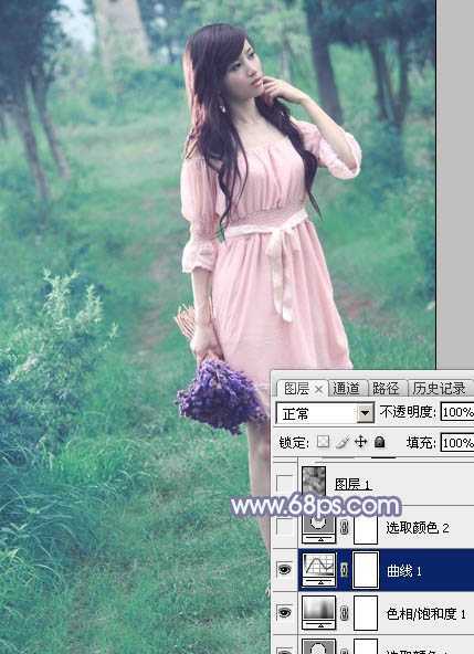 ‘Photoshop给树林中的美女加上梦幻的青蓝色‘