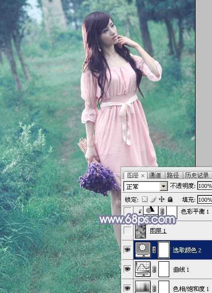 ‘Photoshop给树林中的美女加上梦幻的青蓝色‘