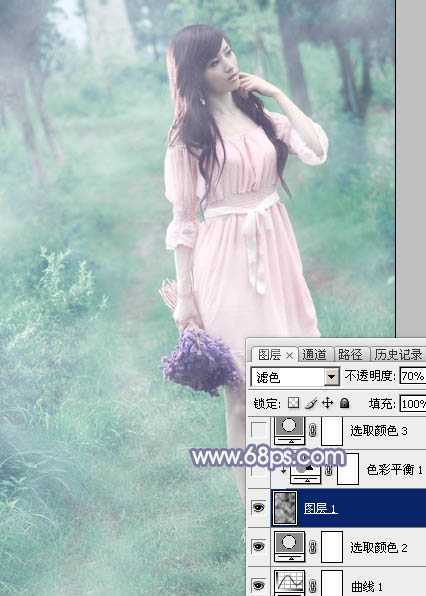 ‘Photoshop给树林中的美女加上梦幻的青蓝色‘