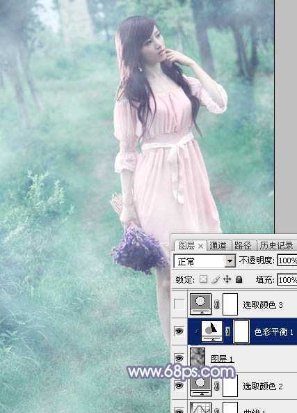 ‘Photoshop给树林中的美女加上梦幻的青蓝色‘