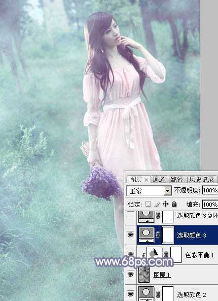 ‘Photoshop给树林中的美女加上梦幻的青蓝色‘
