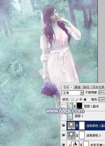 ‘Photoshop给树林中的美女加上梦幻的青蓝色‘