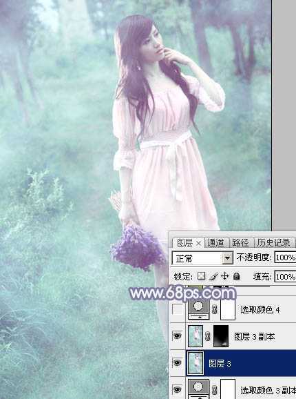 ‘Photoshop给树林中的美女加上梦幻的青蓝色‘