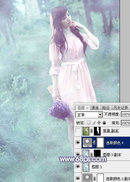 ‘Photoshop给树林中的美女加上梦幻的青蓝色‘