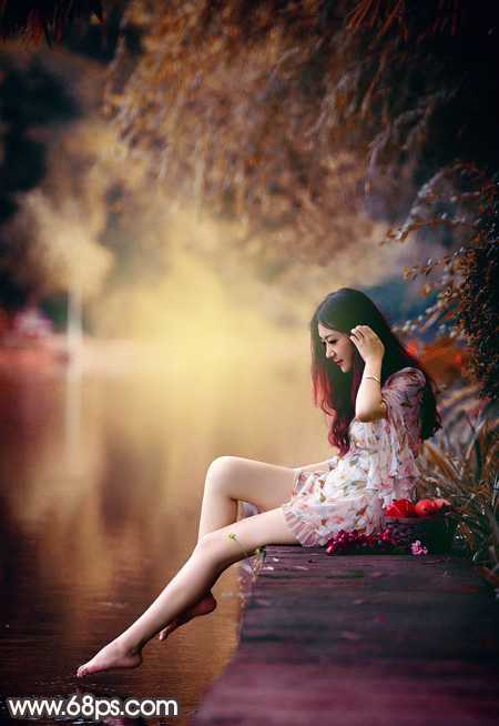 ‘Photoshop将水边的美女增加暗调红褐色‘