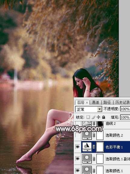‘Photoshop将水边的美女增加暗调红褐色‘