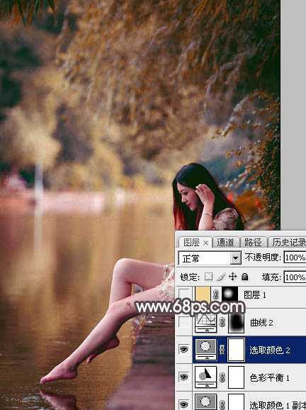 ‘Photoshop将水边的美女增加暗调红褐色‘