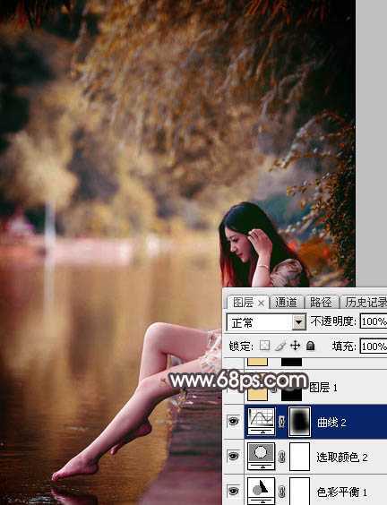 ‘Photoshop将水边的美女增加暗调红褐色‘