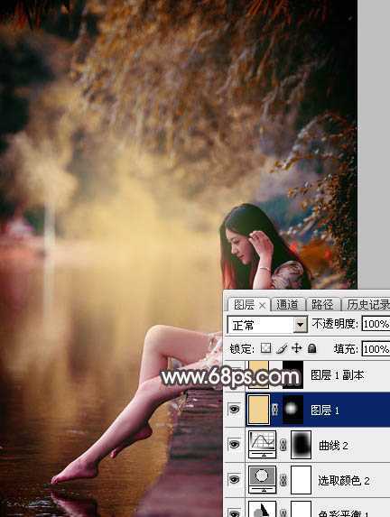 ‘Photoshop将水边的美女增加暗调红褐色‘