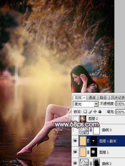 ‘Photoshop将水边的美女增加暗调红褐色‘