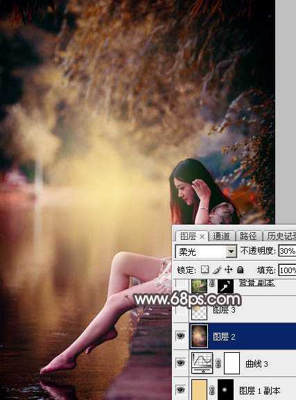 ‘Photoshop将水边的美女增加暗调红褐色‘