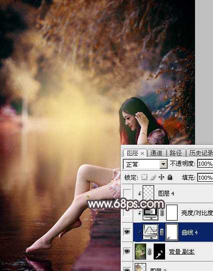 ‘Photoshop将水边的美女增加暗调红褐色‘